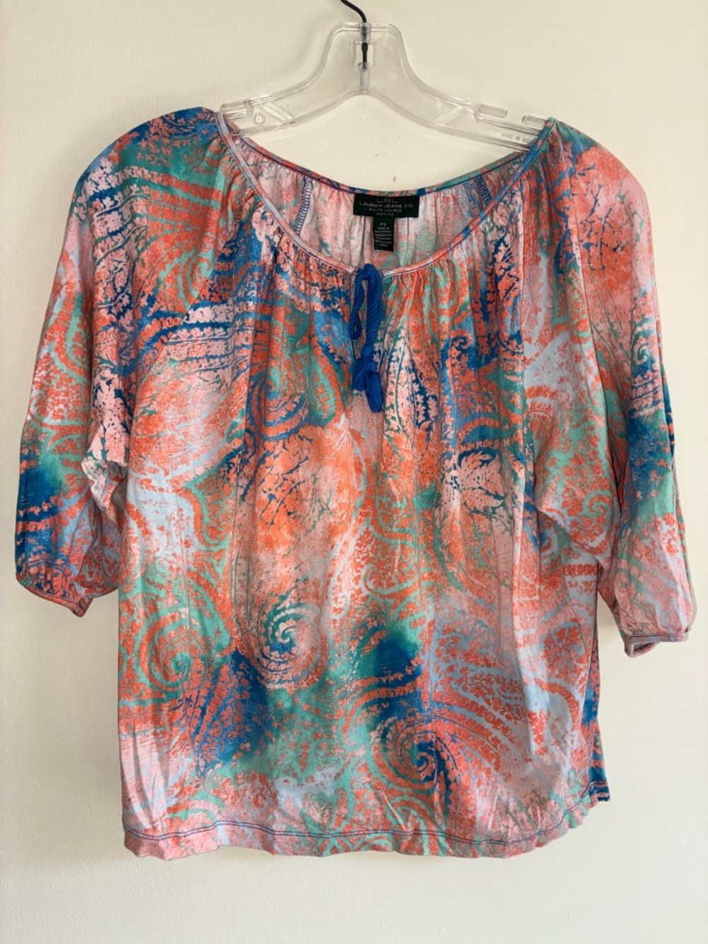 Lauren Ralph Lauren Boho Beachy Coral, Teal & Blue Swirl Peasant Top